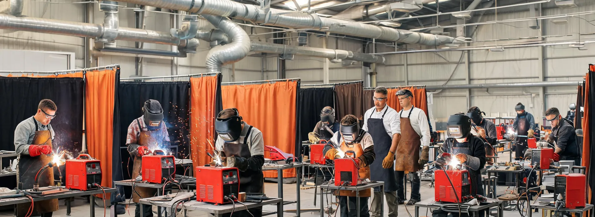 Welders learning machine setup in an active training bay