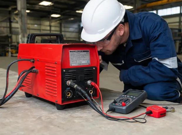 Maintenance technician checking welder input label