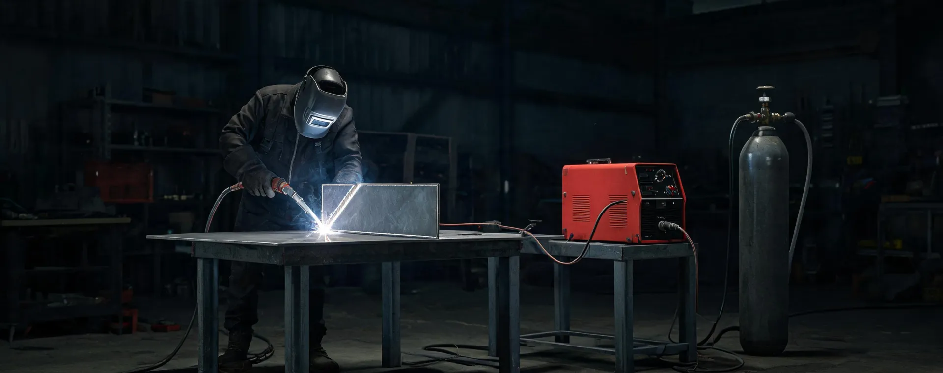 Hobart MIG welder operating in a fabrication workshop