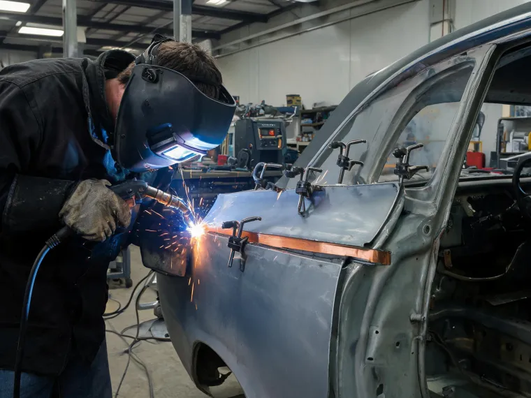 Automotive technician MIG welding sheet metal
