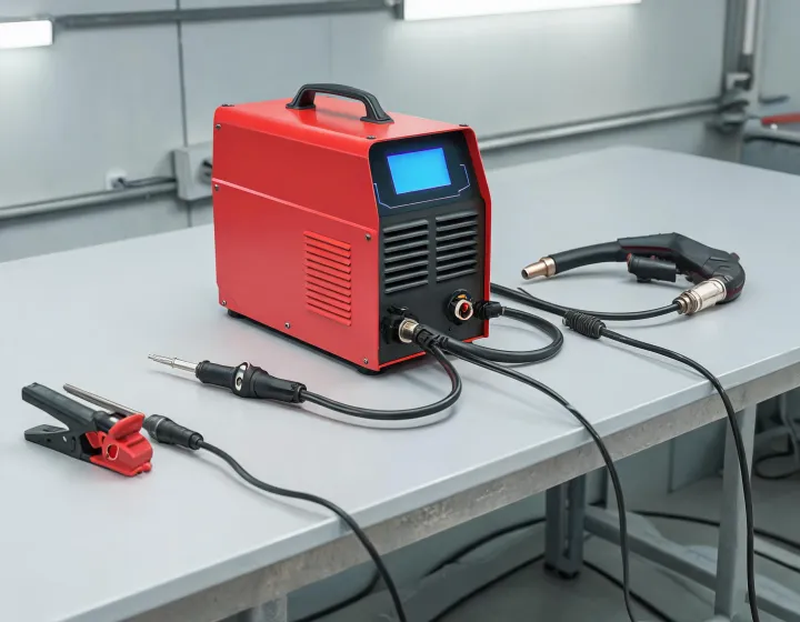 Red multiprocess welding machine on a clean shop bench