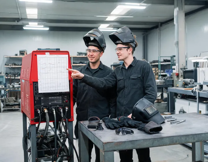 Welding advisor reviewing machine settings with a fabricator